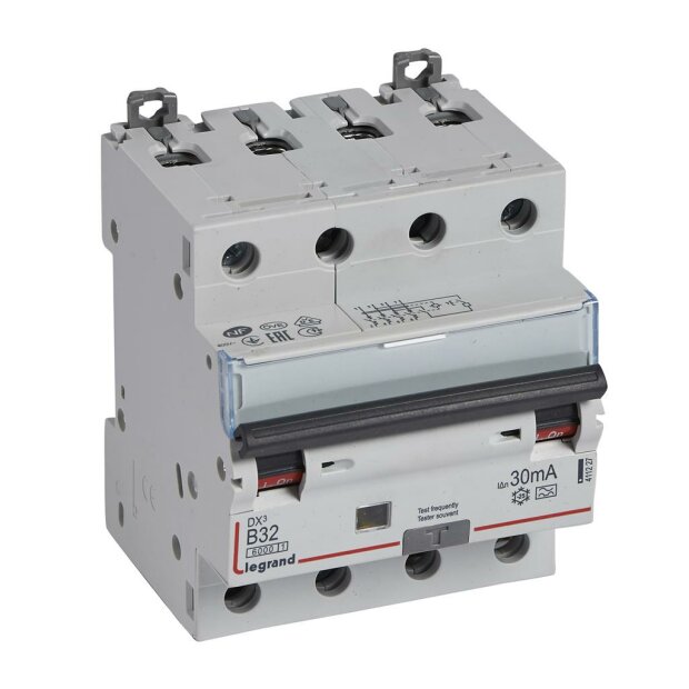DX3 FI/LS-Schalter B-Charakteristik, 32A, 4-polig, 6kA, 30mA, Typ A, 400VAC, 4TE