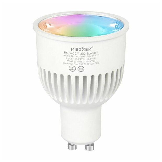 MiBoxer 2.4GHz GU10 LED Leuchtmittel | Gehäusefarbe: weiß | 6W | 550 lm | 30° | Steuerung ü. Fernbedienung | RGB + CCT (2700K-6500K) FUT106