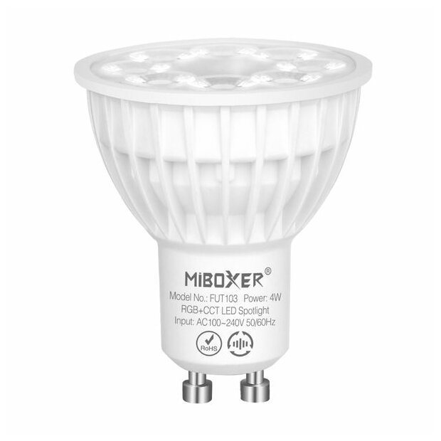 MiBoxer 2.4GHz GU10 LED Leuchtmittel | Gehäusefarbe: Weiß | 4W | 320 lm | 25° | Steuerung ü. Fernbedienung | RGB+CCT (2700K-6500K) FUT103