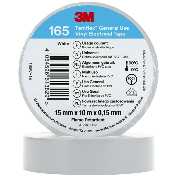 3M Temflex 15mmx10m Weiß 165WH1E Vinyl-Isolierband 0,15mm 7100184731