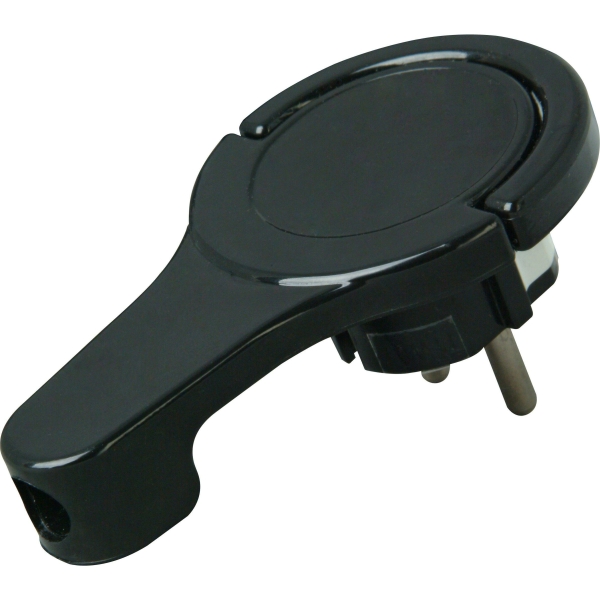 Kunststoff-Schutzkontakt-Flachstecker, extraflach, mit Bügel, 2 Schutzkontaktsysteme gemäß Norm CEE 7/VII, für Kabelquerschnitte bis 3×1,5 mm², 16A, 250V~, Schutzart IP20, Farbe: schwarz