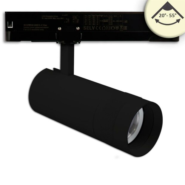 3-Phasen Schienen-Strahler fokussierbar, 24W, 20°-55°, schwarz matt, 3000K, dimmbar