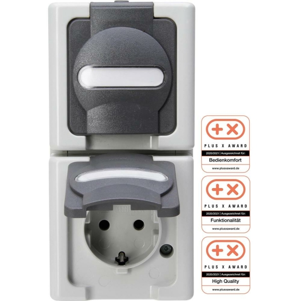Kopp BLUE ELECTRIC - Schutzkontakt-Steckdose mit Klappdeckel, 2-fach, fertig verdrahtet, Farbe: grau
