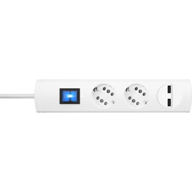 DUOversal PLUS 2=4, 2-fach USB-Ladeport 2.100 mA, mit Schalter, mit Berührungsschutz, 35° gedr. Töpfe, 1, 4m Zuleitung, anschraubbar