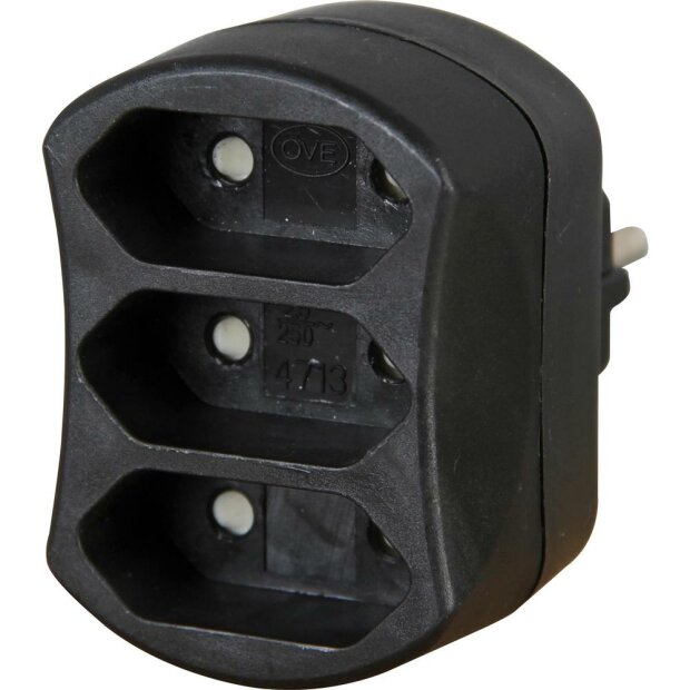 3-fach Adapter: Anschluss für 3 Euro-Stecker (3x 2, 5A), erhöhter Berührungsschutz